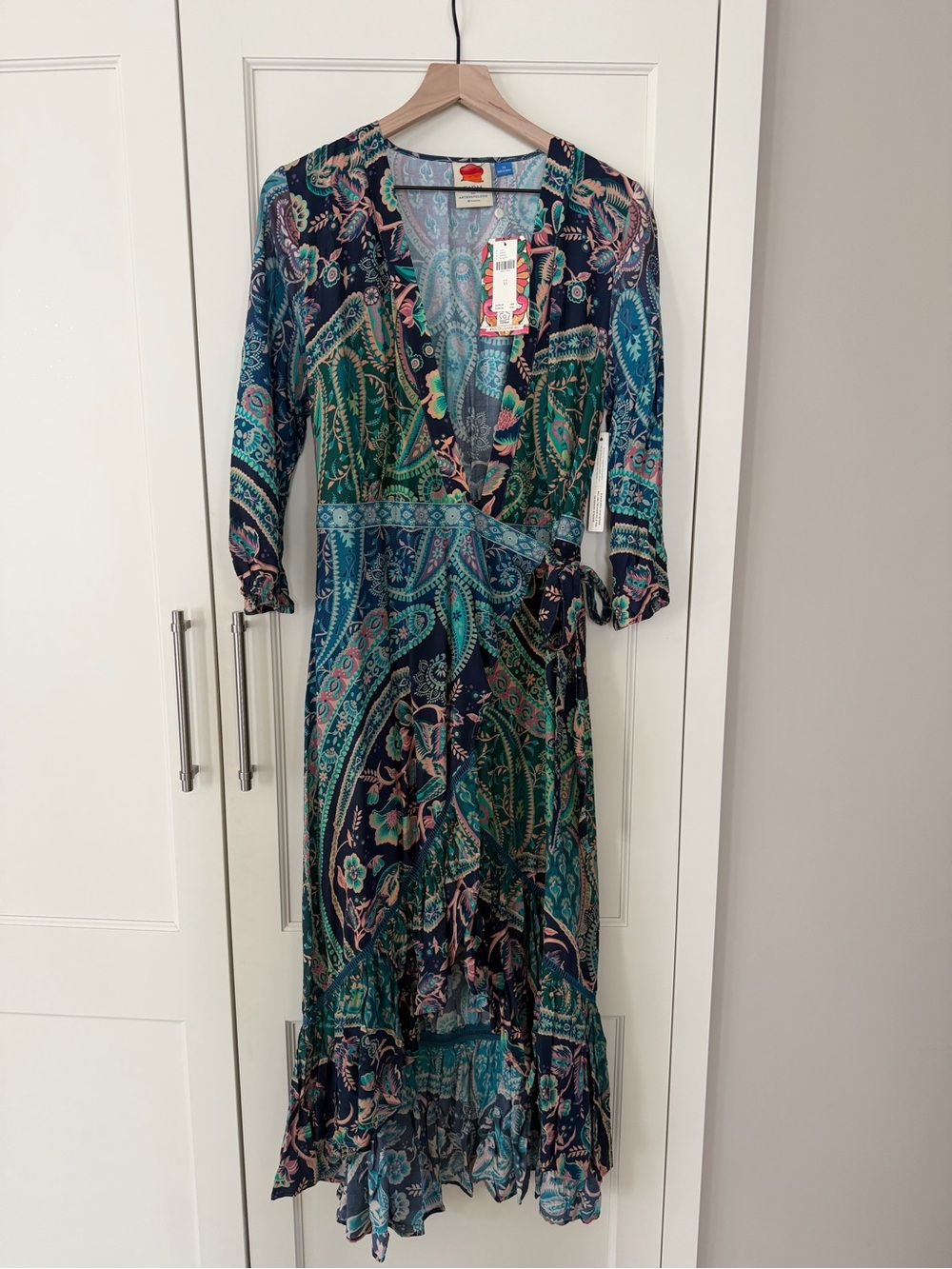 NWT! Farm Rio Bohemian Paisley Wrap Dress - Teal & Navy- great for fall-XS